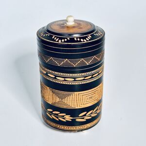 Folk Art Wood Lidded Footed Trinket Box Jar Hand Carved Round Inca Mexico Signed